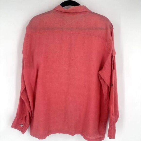 Vintage Chico’s 100% Linen Pink Bombay Button Down Shirt Size XL Roll Tab - Picture 2 of 8